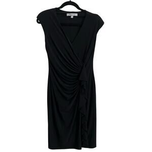 Black Label Evan Picone Black Ruched Midi Dress w/ Shoulder Pads Women's Size 6